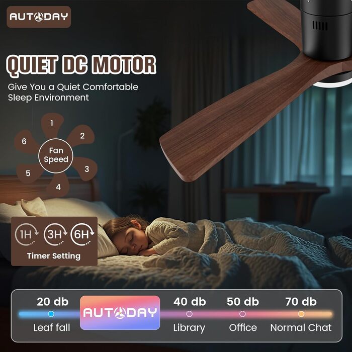 Стеляний вентилятор з дерева з підсвічуванням та керуванням, 132 см, 24W LED, DC-двигун, 6 швидкостей, таймер, пульт дистанційного керування