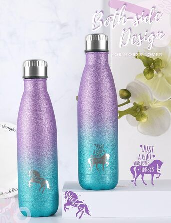 Horse gifts for girls, women, horse water bottle, insulated stainless steel water bottle, riding gifts for horse lovers, for birthdays, Christmas, back to school, violet-blue