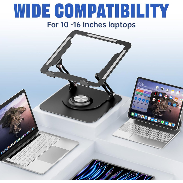 Adjustable Laptop Stand - 360° Rotating Base, Foldable & Portable for 10-17 Inch Laptops - Black