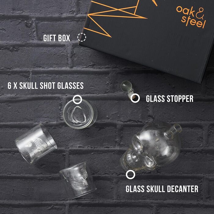 Oak & Steel - Whiskey Carafe Gift Set for Men - Skull Decanter (700ml) with 6 Shot Glasses (75ml) - Valentine's Day, Father's Day, Birthday, Christmas