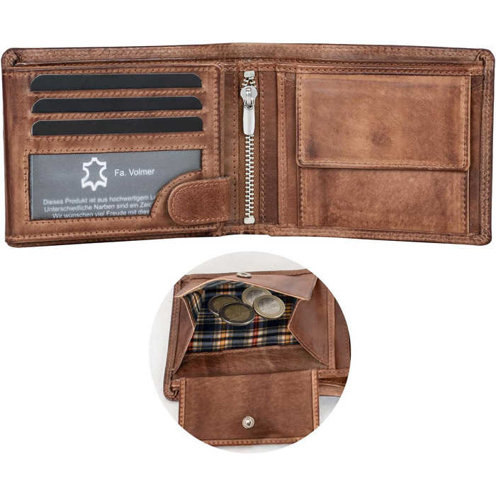 Чоловічий гаманець Volmer Leder з RFID-захистом, антикварний коричневий, місткий (9+4 картки)