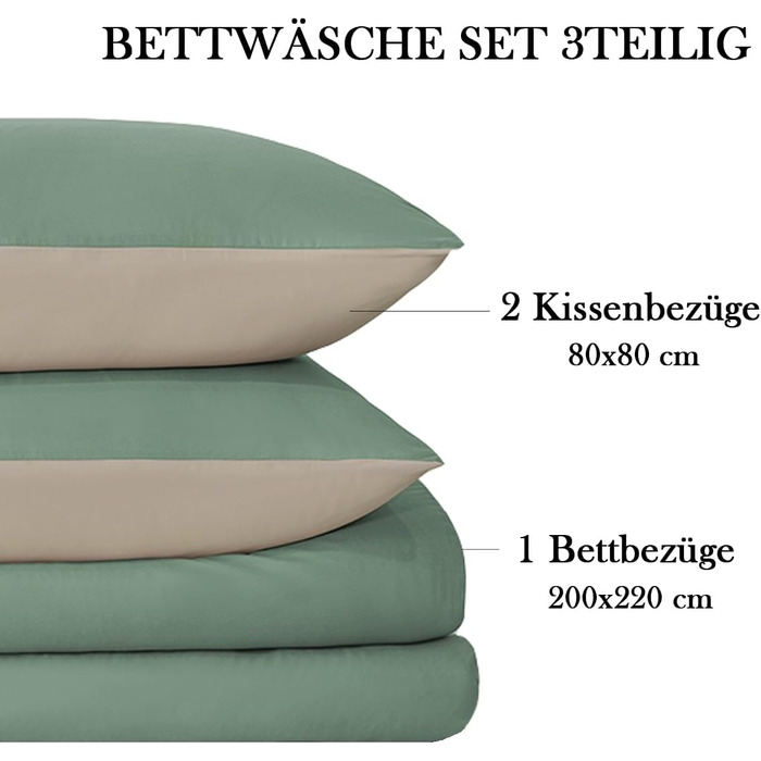 Комплект постільної білизни 135x200 4-х частинний, мікрофібра, двостороння, 135 x 200, 4tlg, м'яка та прасувальна, комплект 2 наволочок 80x80 см та 2 простирадла, з блискавкою (3 частини | 200x220 см, пастельно-зелений/тепле бежевий)