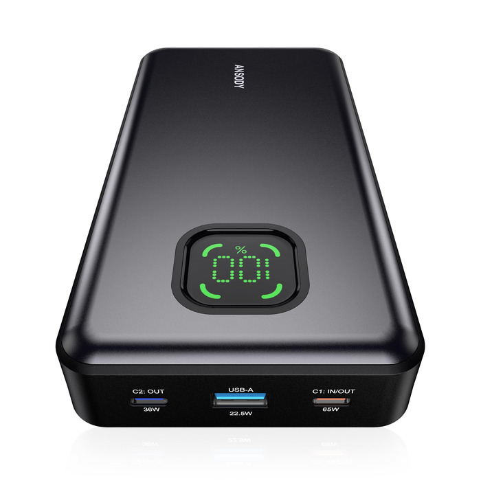 Power Bank 65W 25000mAh Klein Aber Stark для ноутбука та iPhone/iPad: портативний акумулятор з LED дисплеєм, USB-C, сірий