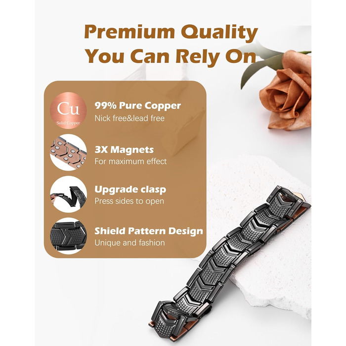 Медальйон з міді для чоловіків, 99% масивна мідь, магнітний браслет з магнітами, регульований розмір, з подарунковою коробкою (чорний щит)