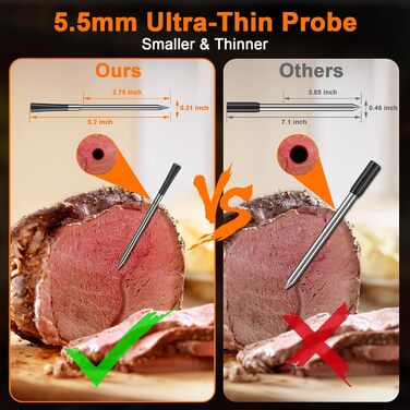 Розумний термометр для м'яса 800FT з тонким зондом 5.5мм, Bluetooth 5.3, для гриля, BBQ, кухні, духовки, коптильні (чорний)