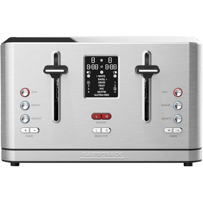 Тостер GASTROBACK 42396 Digital 4-слайсовий, 950 Вт, нерж. сталь, LCD-дисплей, 7 режимів, підставка для булочок, сріблястий