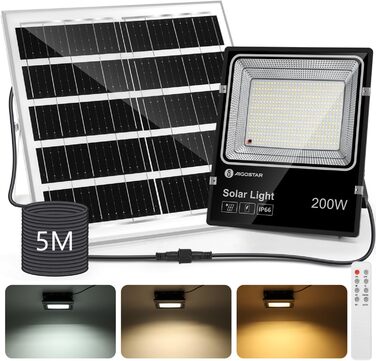 Aigostar Solar LED Floodlight Outdoor with Large Solar Panel, 5m Cable, Dimmable 3000K/4500K/6500K, 8000mAh, Large Battery Capacity, IP66, Solar Lamps for Outdoors, Gardens, Solar Light with Remote Control (16000mAh, 5M Cable)