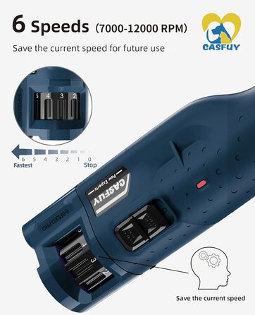 Електричний точилка для кігтів собак Casfuy - 6 режимів, 45 дБ, з LED-підсвіткою, для великих, середніх та малих порід, з захистом від пилу (білий/блакитний)