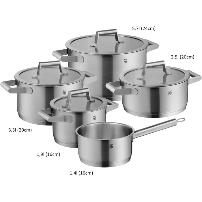 Набір каструль WMF Comfort Line Induktion 5-ти частинний з кришкою з термоскла, Cromargan нержавіюча сталь, з маркуванням, для індукційних плит, стійкий, без покриття