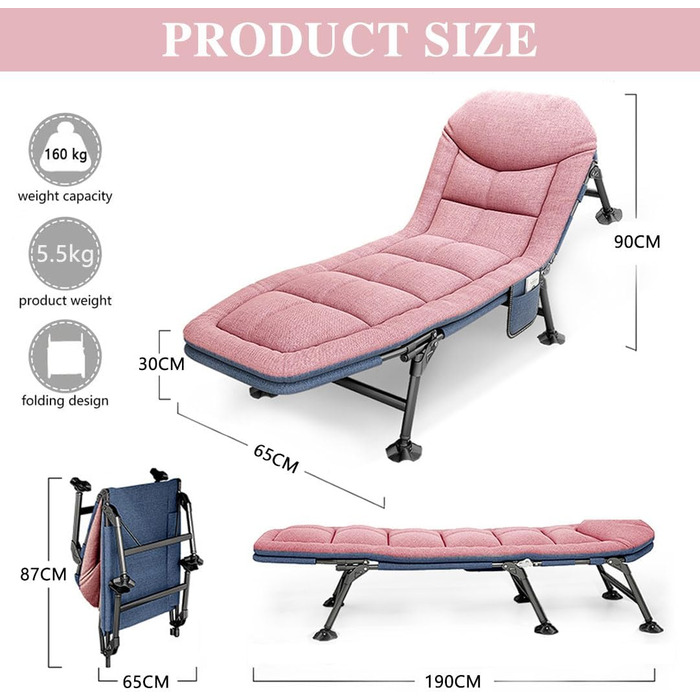 Розкладне ліжко для кемпінгу XXL - широке кемпінгове ліжко, легке, регульована спинка, для відпочинку на природі та вдома (рожеве)