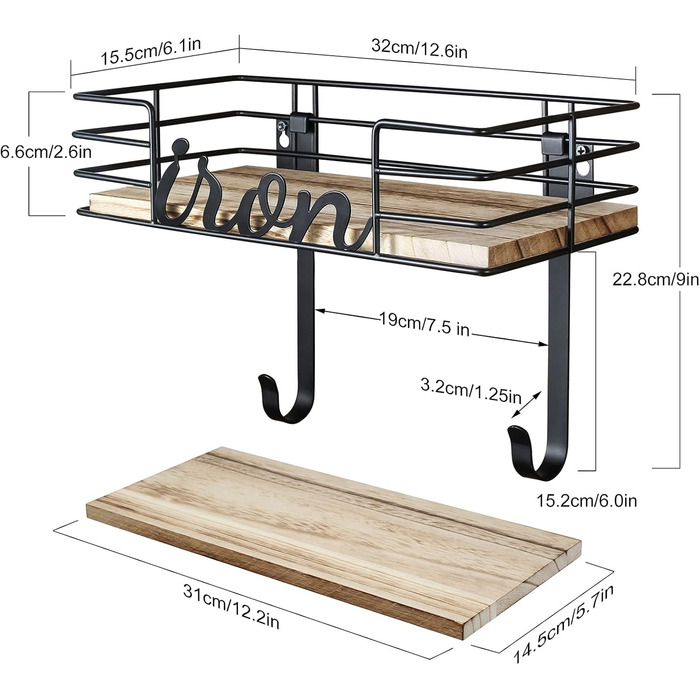 Настінна підставка для праски та прасувальної дошки TJ.Moree, металева з кошиком та дерев'яною дощечкою, чорна