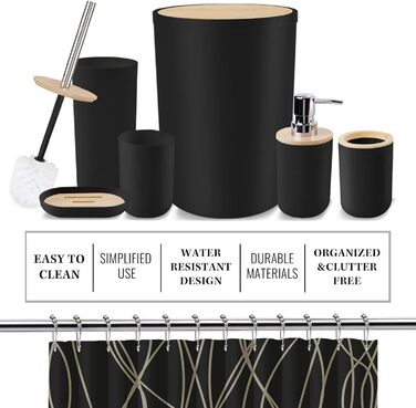 Набір аксесуарів для ванної кімнати Britimes, чорний: шторка для душу, відро, дозатор мила, тримач для унітазу, тримач для зубних щіток та стаканчик для зубних щіток
