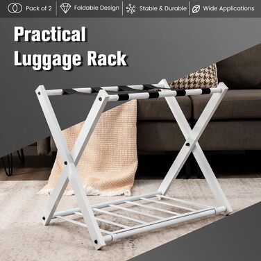 GIANTEX Folding Luggage Rack 2-Tier 68 x 43 x 58 cm Luggage Shelf Baggage Rack Metal Space-Saving Suitcase Stand for Bedroom Guest Room Hotel Black (2 Pieces, Black) (1 Piece, White)