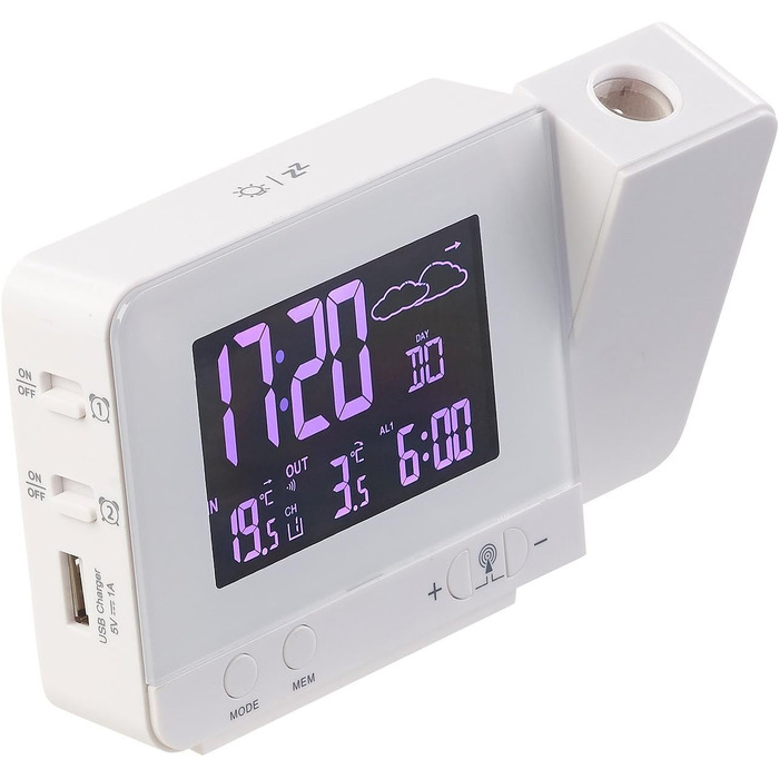 infactory Projection Clocks: Radio Weather Station with Projection Alarm, Outdoor Sensor, and USB, White (Radio Projection Clock, Clock with Projection, Outdoor Temperature Display)