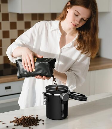 Coffee Gator Контейнер для кави з нержавіючої сталі, герметичний, з датчиком свіжості, клапаном CO2, ложкою, для кавових зерен, меленої кави, горіхів, чаю, цукру (Чорний, L)