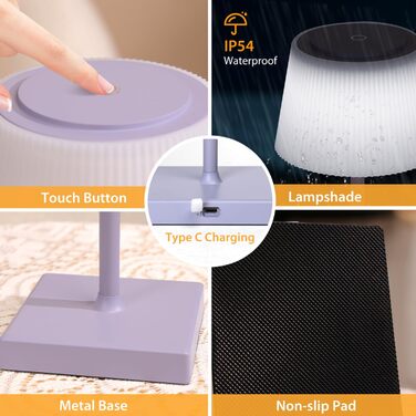 Світлодіодна настільна лампа Aigostar акумуляторна бездротова, димується сенсорно, 3 режими світла, водонепроникна IP54 для дому та саду - фіолетова