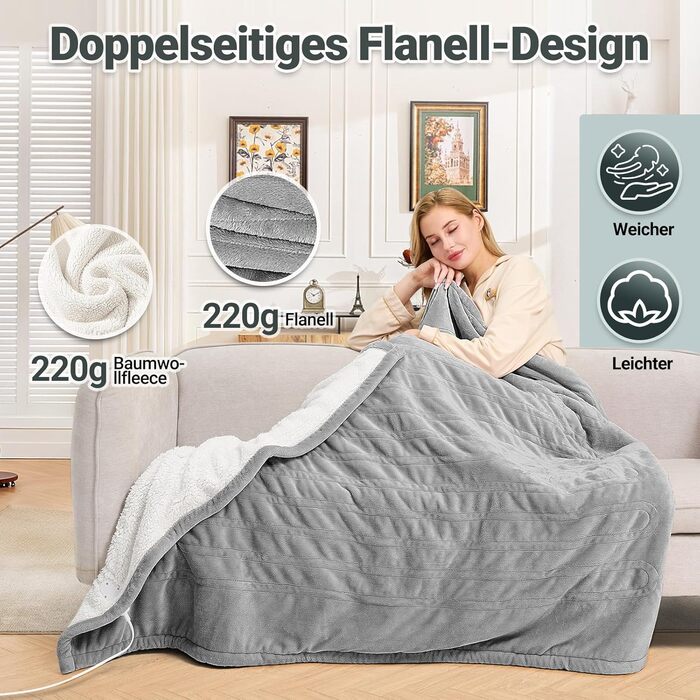 Електрична ковдра Charmofun з автовимкненням, 130x180 см, 8 режимів нагріву, таймер 12 годин, пральна машина, тепла двошарова ковдра з фланцелю для ліжка, дивана, офісу, світло-сіра