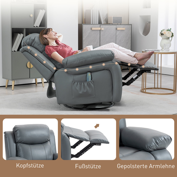 HOMCOM electric TV recliner chair with massage function, 360° swivel, featuring 8 vibration motors, rocking function, faux leather, 93L x 90W x 101H cm, Grey | Aosom