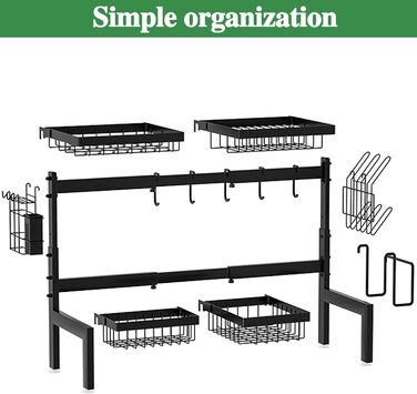 Регульована сушилка для посуду на 2 яруси, 66-85 см, чорна, з 4 кошиками для столових приборів та тримачем для напоїв