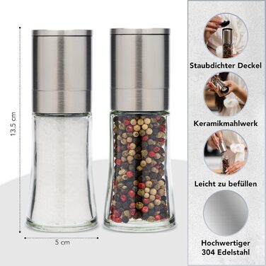Набір з 2 електричних мельниць для солі та перцю преміум-класу | Регульоване керамічне подрібнювання | Набір з високоякісної нержавіючої сталі для солі, перцю та інших спецій