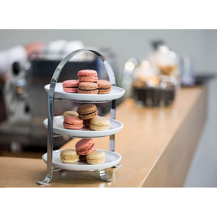 APS Serving Stand – High-quality cake stand made of chrome-plated metal for 3 plates with a max. Ø of 17cm – Overall height 25.5 cm (plates not included)