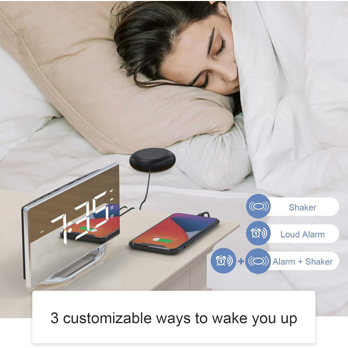 ROCAM Loud Alarm Clock for Deep Sleepers, Vibration Alarm Clock for the Hard of Hearing, 8.7'' Display Digital Alarm Clock, USB Charger, 12/24H, Dual Alarm, Snooze, Dimmer, Battery Backup