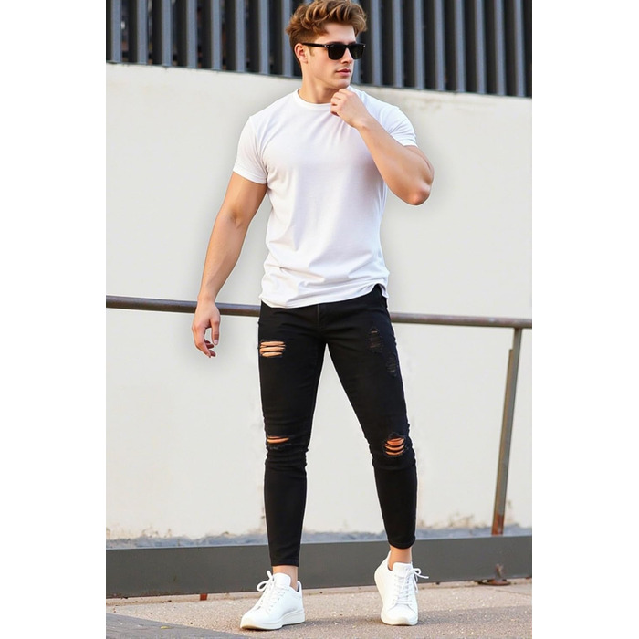 Чоловічі рвані джинси GINGTTO Skinny Stretch Denim Slim Fit, чорні, 32W/30L