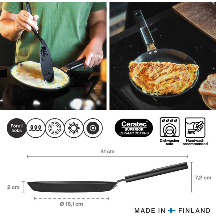 Сковорода для омлету Fiskars Hard Face 22 см, алюмінієва, антипригарна, підходить для всіх плит, чорна