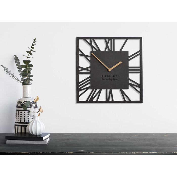FLEXISTYLE Wall Clock No Ticking Sound Modern LOFT Piccolo Square 30cm Living Room Bathroom (Black), z219n