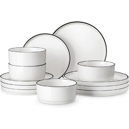 MALACASA, Leah Series, Dinnerware Set for 4 People, 12-Piece Porcelain Tableware Set, Combination Set, White Dinnerware with Black, Dinnerware Set consisting of 4x Dinner Plates, 4x Dessert Plates, 4x Cereal Bowls with Black Rim, 12-Piece