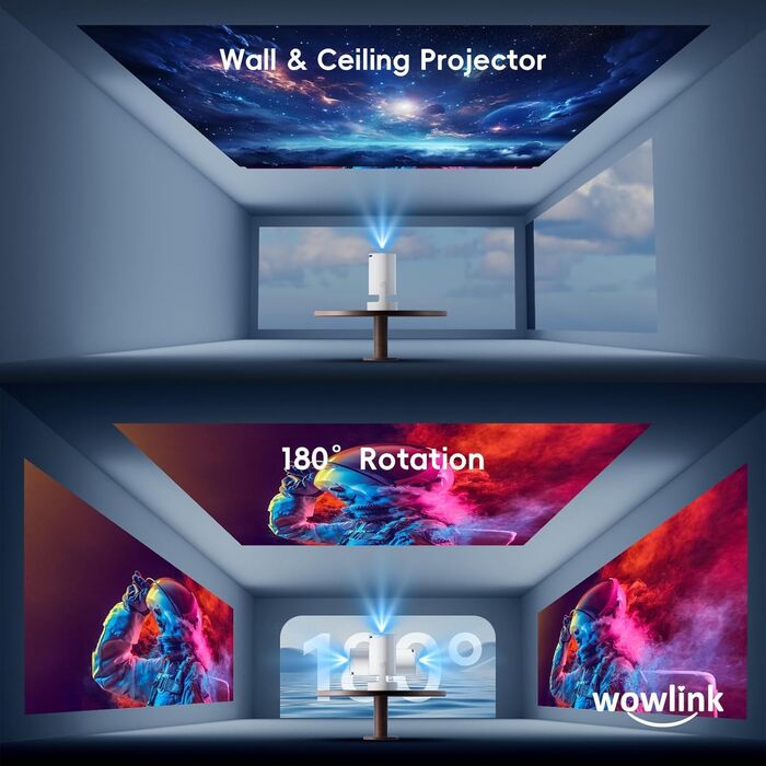 Портативний проєктор Mini Beamer 4K/1080p з Wi-Fi 6 та Bluetooth 5.4. Keystone 180°, сумісний з HDMI, TV Stick, Memory Stick, Laptop. Колір: Бежевий