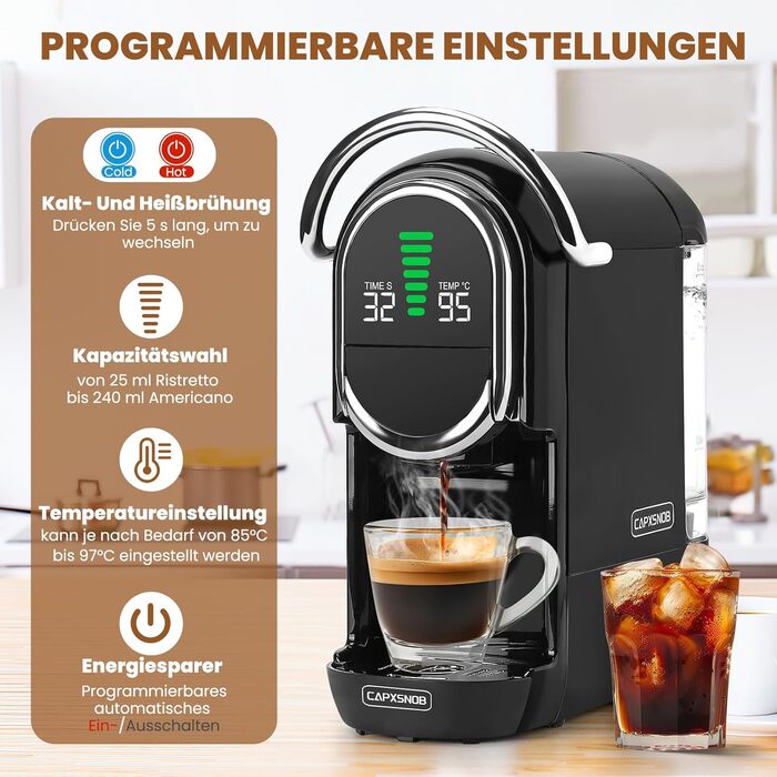 Кавомашина Magician1 Mini Kapselmaschine 5в1 для капсул Nespresso, Dolce Gusto, Lavazza A Modo Mio, ESE 44 та кавової гущі | 20 бар, 1450 Вт, LED-дисплей, 7 рівнів води | Для дому та офісу (Чорний)