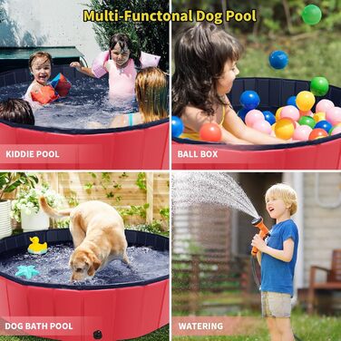 Foldable Dog Pool, 100 x 30.5 inches, Oversized, Hard Plastic, Portable, Swimming Pool for Dogs, Cats, and Children, Pet, Puppy Bathtub, Foldable, Kiddie Pool (red)
