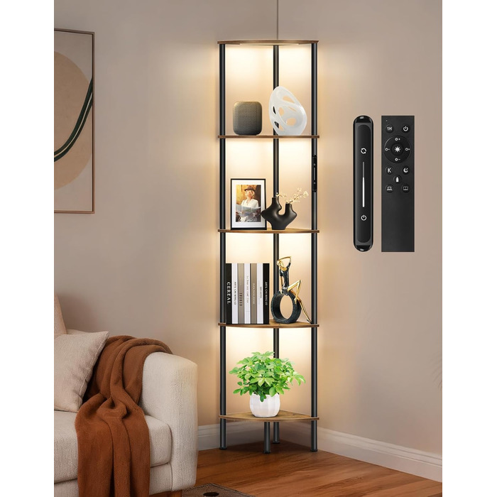 Стійка лампа OUTONLIFE з полицями, LED, 3 режими, регулювання яскравості, пульт, 5 ярусів, для вітальні, спальні, офісу, колір: Rustic Brown