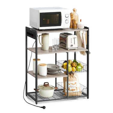 Стелаж кухонний VASAGLE з розетками, 2 металеві кошики, гачки, полиці, 35 x 80 x 93,5 см, індустріальний дизайн, vintagebrown-tintenschwarz