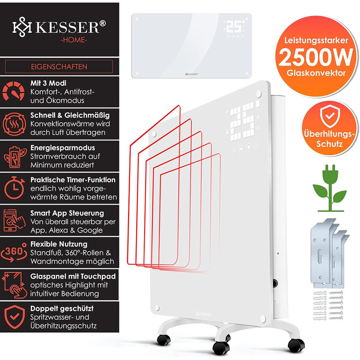 Електричний конвектор KESSER® з Wi-Fi керуванням та пультом дистанційного керування | 2500 Вт | Скло | Настінний/Підлоговий | LCD-дисплей, таймер, сенсорне управління
