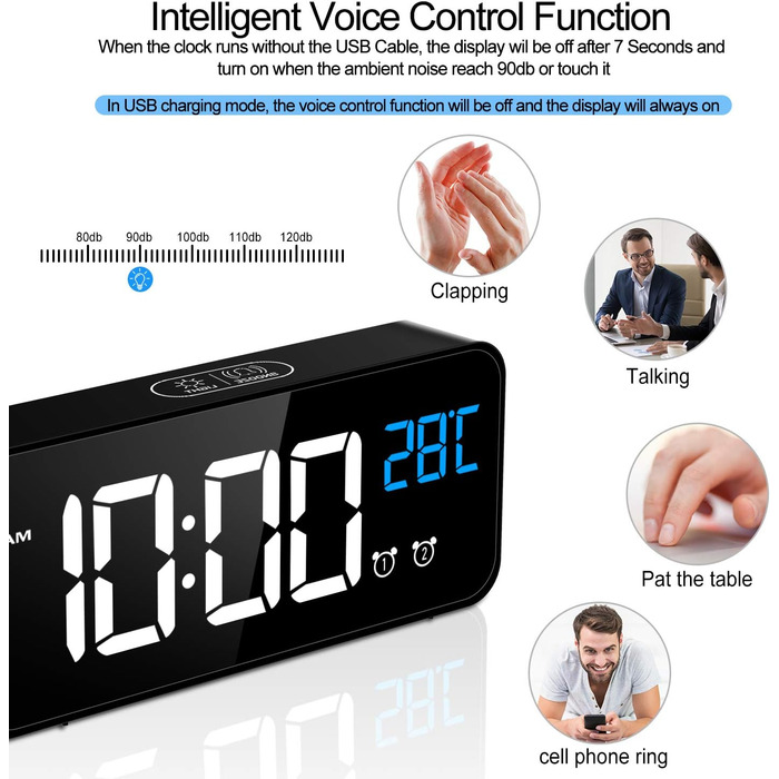 Цифровий годинник MOSUO з LED-дисплеєм, USB-зарядка, показник температури, голосове керування, 2 будильники, відкладений сигнал, регулювання яскравості та гучності (Чорний)
