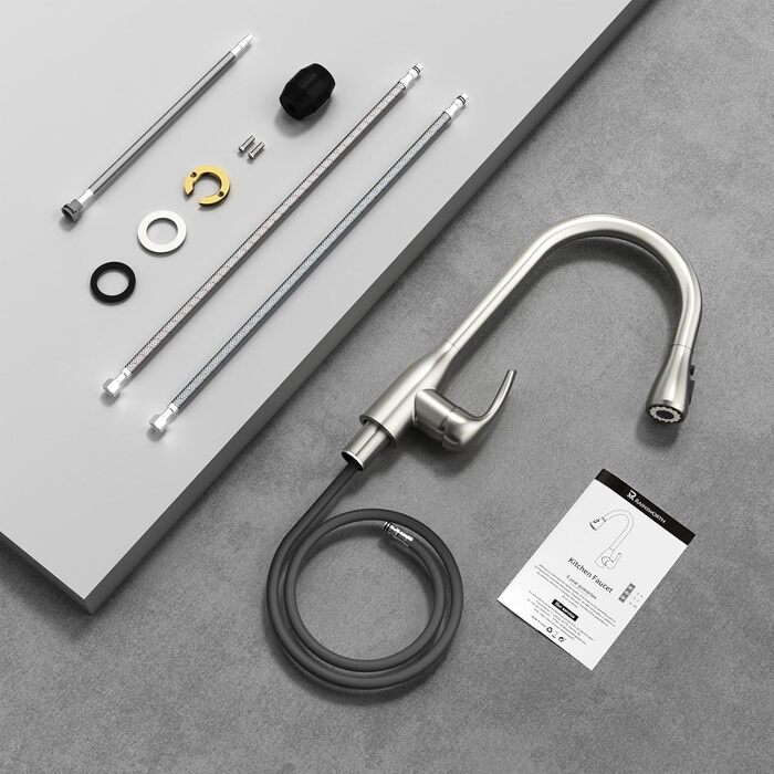 Кухонний змішувач Rainsworth з висувною лійкою та душем, високопродуктивний, з двома типами струменя, поворотний на 360°, з нержавіючої сталі, проста установка, висота 56 см