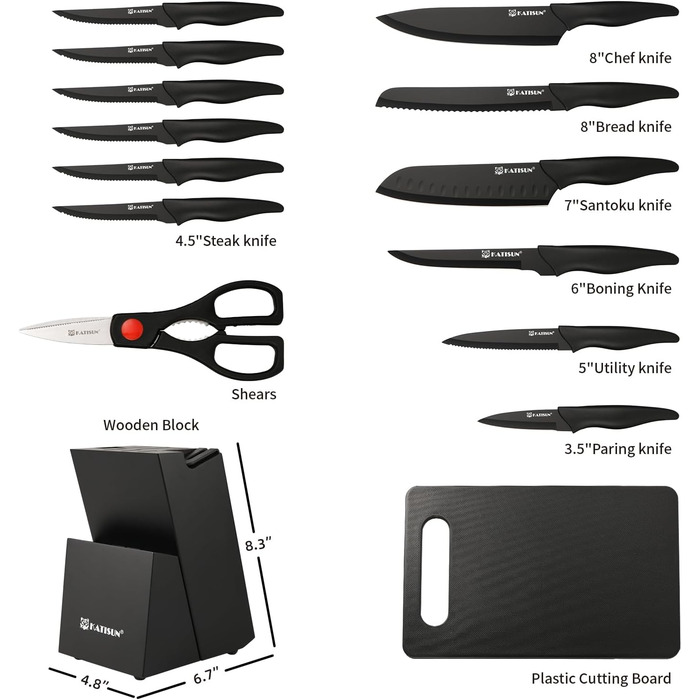 KATISUN 16-Piece Japanese Steel Knife Set with Block - Includes Sharpener, Cutting Board & Kitchen Shears - Dishwasher Safe