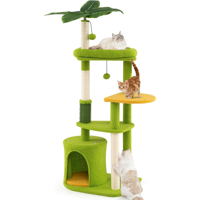 Дерев'яний кігтеточка для котів Costway 97 см з печерою та лежанками, кігтеточка з сизалевого мотузка та дерев'яною основою, зелено-бежева