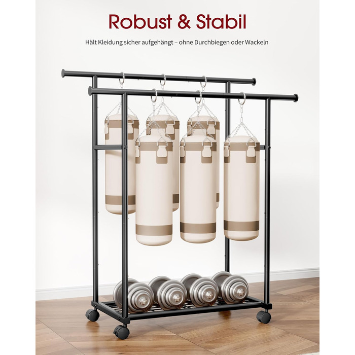 Стійка для одягу на колесах з подвійною перекладиною та сітчастим дном, 98 x 42 x 150 см, Чорний