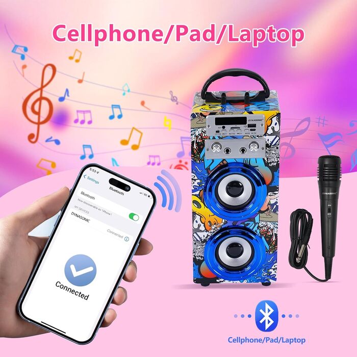 Караоке DYNASONIC з 2 мікрофонами, портативна караоке-машина, Bluetooth-динамік, USB та SD-картрідер, світлові ефекти, подарунок для дітей 5-13 років (Model 16 lights)