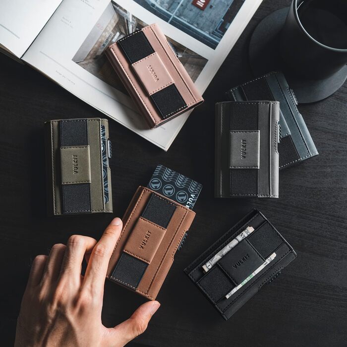 Гаманець VULKIT Leder Slim з вікном для документів та затискачем для грошей, автоматичний висувний картхолдер з алюмінію, RFID/NFC захист, коньячний колір