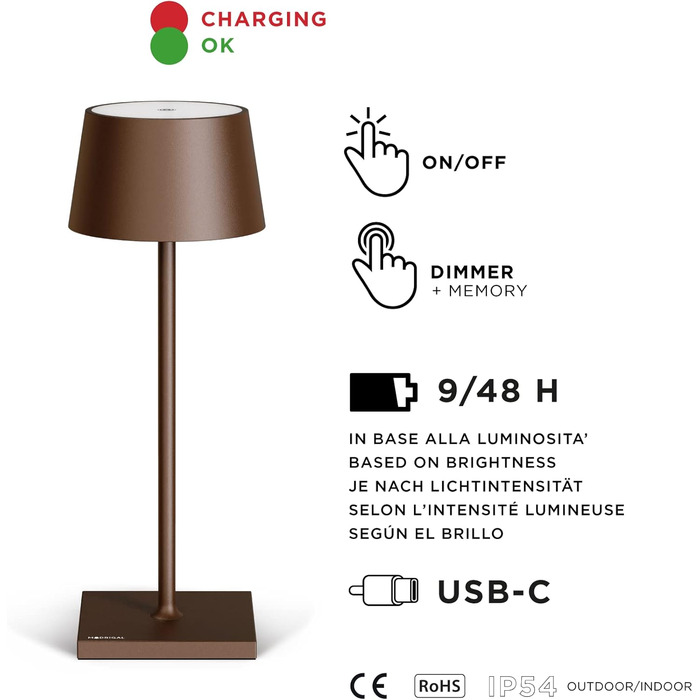 Стильна LED-лампа Stilosa на акумуляторі, бездротова, диммувана, з сенсорним керуванням, USB-C, для дому та вулиці, квадратна основа (30 см), бронза