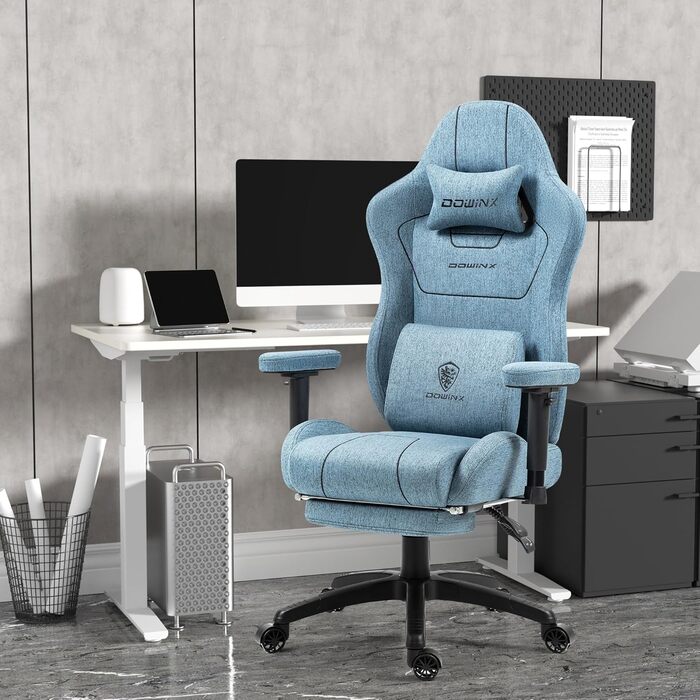 Ігровий крісло Dowinx з тканини, ергономічний геймерський крісло з м'якими підлокітниками, стабільний ігровий та офісний крісло для тривалого сидіння, блакитний