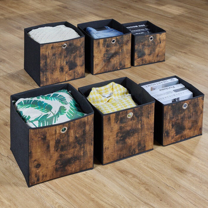 Relaxdays Fabric Storage Boxes with Wood-Look Design, 6-Piece Set