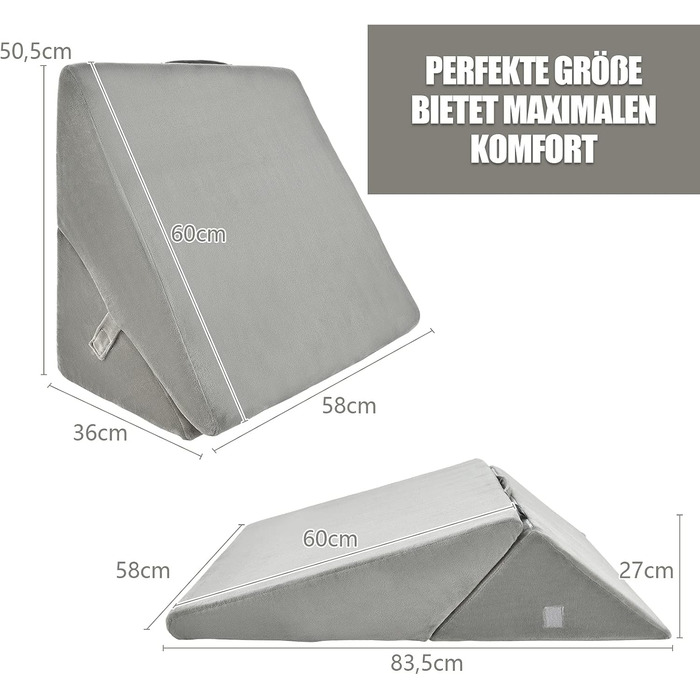 Підголовник GOPLUS для ліжка: подушка для читання, подушка для відпочинку, з піною з пам'яті, знімний чохол, подушка для ніг, подушка для спини, ергономічна з ручкою, подушка для вен, подушка для відпочинку для дивану/крісла, 54x32x50,5 см (Сірий)