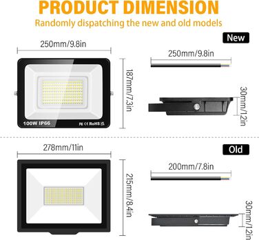 RIGIDON 2x 75W LED Floodlights Outdoor, 7500LM Outdoor Floodlight, 6000K Cool White IP66 Waterproof LED Floodlight, Outdoor Lamp for Garden, Courtyards, Garage, Hotel, Sports Field, Workshop (1 x 100W)
