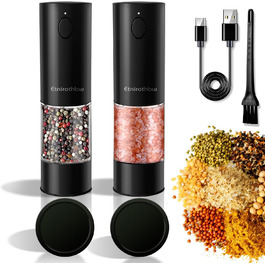 Electric Salt and Pepper Grinder Set, 2 Pieces, Automatic One-Hand Operation Pepper Grinders Rechargeable, Auto Pepper Shakers with Dust Covers, 5 Adjustable Coarseness Settings, LED Light