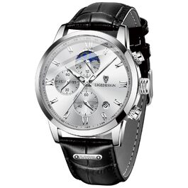 Годинник чоловічий LIGE, Хронограф, Аналоговий кварц, Ремінець з шкіри, Календар, Світлодіодна підсвітка, Водостійкий 3ATM, Бізнес/Повсякденний стиль (Чорний/Срібний)